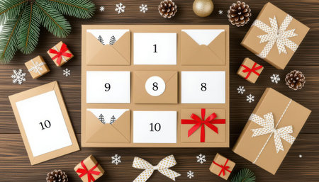 Festive advent calendar scene featuring beautifully wrapped gifts, decorative boxes, and a cozy wooden background. Ideal for holiday-themed projects.の素材