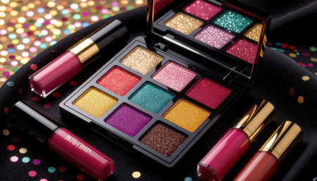 A stunning arrangement of a colorful makeup palette and glossy lip products set against a shimmering background, perfect for showcasing beauty and style.の素材