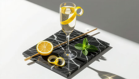 A stunning sparkling drink garnished with lemon and mint sits elegantly on a marble surface, perfect for summer celebrations and modern gatherings.の素材