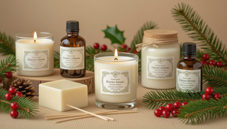 Discover a serene arrangement of aromatherapy candles and essential oils, perfect for creating a cozy atmosphere during the holiday season. Ideal for relaxation and decor.の素材