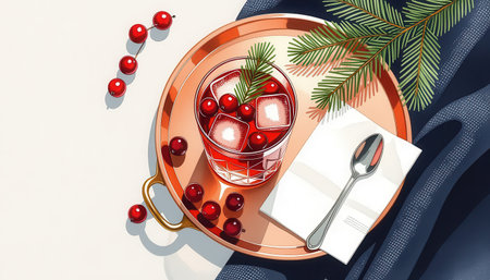 Delight in a refreshing cocktail featuring cranberries and ice, beautifully presented on a copper tray. This vibrant flat lay showcases a perfect blend of flavors for any occasion.の素材