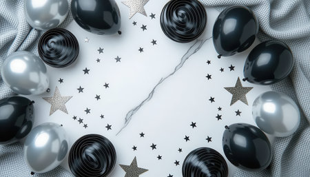 A captivating arrangement of black and silver balloons alongside stars, perfect for festive occasions. Ideal for birthday or celebration themes.の素材
