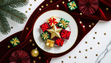 A beautifully arranged plate of festive Christmas gifts featuring vibrant colors and textures, complemented by decorative elements for a cheerful holiday atmosphere.の素材