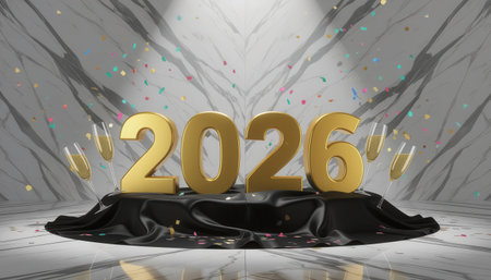 Festive gold 2026 display with champagne glasses and colorful confetti on a luxurious background, perfect for New Year's celebration themes.の素材