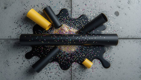 An artistic arrangement featuring colorful glitter spilling from black and yellow paper tubes on a textured surface, creating a playful and festive atmosphere.の素材