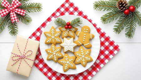 Delightful display of festive holiday cookies on a plate, featuring gingerbread men and decorative snowflakes. Perfect for Christmas gatherings and celebrations.の素材