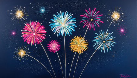 Bright and colorful fireworks burst across a dark night sky, creating a festive atmosphere. Perfect for celebrations, events, and joyful occasions.の素材