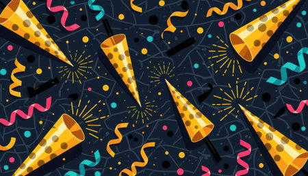 Vibrant pattern featuring festive party hats, confetti, and colorful streamers, perfect for celebrations, events, and joyful occasions.の素材