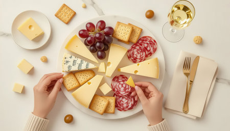A stunning cheese and charcuterie board features a variety of cheeses, cured meats, grapes, and crackers, perfectly paired with a glass of white wine. Ideal for gatherings!の素材