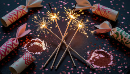This vibrant image features sparklers on a stylish table surrounded by festive decorations. Perfect for promoting celebrations, events, and joyful moments.の素材