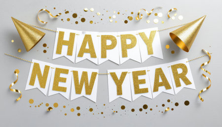 Celebrate the New Year with this vibrant decoration featuring glittering banners, party hats, and colorful confetti, perfect for setting a festive mood.の素材