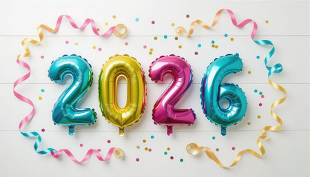 A lively arrangement of colorful metallic balloons forming the year 2026, surrounded by ribbons and confetti, perfect for festive celebrations and party decor.の素材