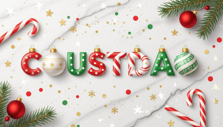 Colorful Christmas decorations featuring vibrant ornaments, candy canes, and festive elements on a marble background create a joyful holiday atmosphere.の素材