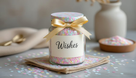 A charming jar filled with colorful confetti and adorned with a decorative ribbon. Perfect for celebrations, events, or as a cozy home decoration.の素材