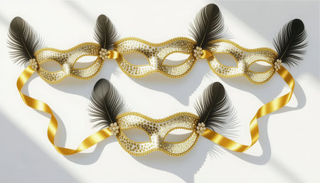 Stunning collection of elegant gold and black masquerade masks adorned with feathers and ribbons, perfect for festive celebrations and stylish events.の素材