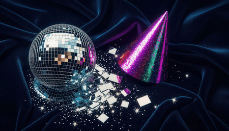 This vibrant image features a shiny disco ball beside a colorful party hat, set against a rich dark fabric backdrop. Perfect for celebrations!の素材