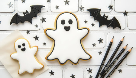 Delightful Halloween-themed ghost cookies designed for festive celebrations. Perfect for parties, these cute treats are ideal for kids and families alike.の素材