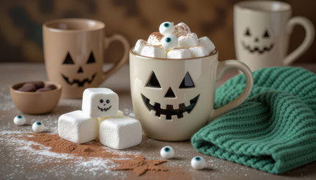 A cozy Halloween-themed scene featuring hot chocolate mugs, playful marshmallows, and spooky decorations, perfect for autumn gatherings and festive enjoyment.の素材