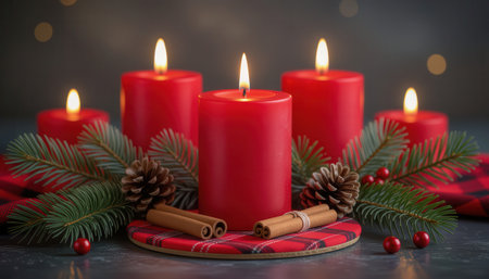 A stunning arrangement of vibrant red candles surrounded by pine cones and greenery, creating a warm and festive atmosphere perfect for the holiday season.の素材