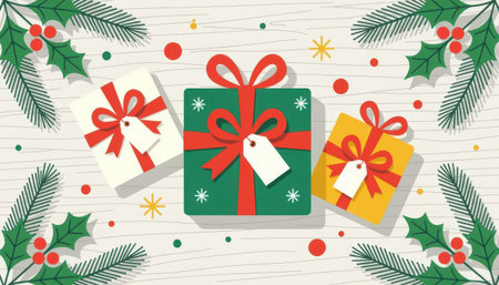 Capture the essence of the holiday season with vibrant gifts adorned with bows, surrounded by festive decorations, creating a joyous and cheerful atmosphere.の素材