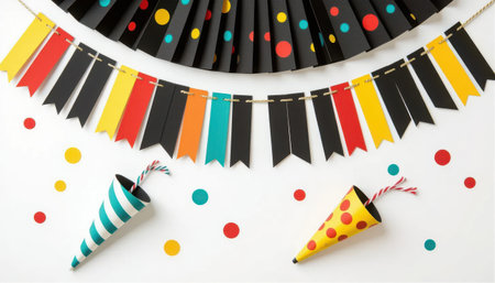 Bright and vibrant party decorations featuring colorful paper banners, playful confetti, and festive party hats, perfect for any celebratory event or gathering.の素材