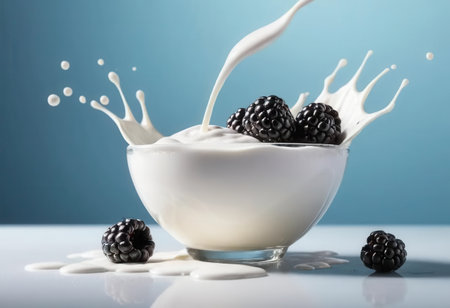 A captivating image showcasing creamy milk splashing into a bowl with fresh blackberries. The vibrant blue background highlights the freshness and deliciousness of the ingredients, creating an appetizing scene.の素材