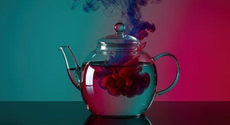 A striking glass teapot filled with water showcases colorful smoke swirling inside. The vibrant red and blue hues create a captivating visual effect against a soft background.の素材