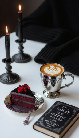 A beautifully arranged scene featuring a slice of cake, a cup of coffee with latte art, candles, and a book, perfect for a cozy and relaxing atmosphere.の素材