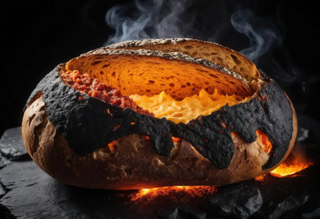 A captivating gourmet bread bowl filled with creamy cheese and spicy sauce, showcasing a unique blackened crust and rising smoke, perfect for food lovers.の素材