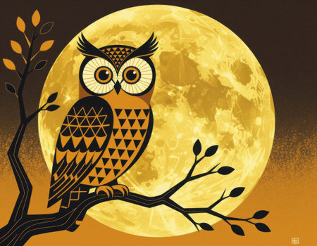 A whimsical illustration of an owl sitting on a branch with a full moon illuminating the night sky, showcasing a serene and tranquil atmosphere.の素材