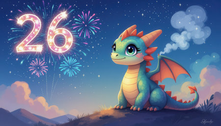 A charming illustration of a cute dragon surrounded by colorful fireworks and the number 26 in a vibrant night sky, perfect for celebrations and magical themes.の素材