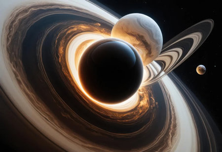 A breathtaking depiction of planets and a black hole surrounded by vibrant rings and ethereal nebula, capturing the beauty of deep space and cosmic phenomena.の素材