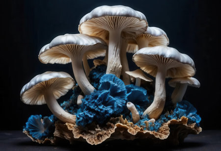 A vibrant arrangement of unique mushrooms with striking blue and white features displayed elegantly against a dark background. Perfect for nature themes.の素材