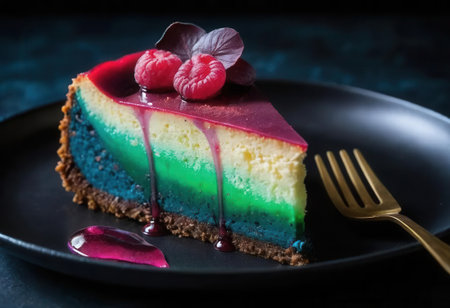A vibrant slice of colorful layered cake featuring a creamy filling, topped with fresh raspberries and a glossy glaze. Perfect for any celebration.の素材
