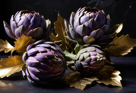 This stunning image features decorative artichokes in shades of purple, accompanied by golden leaves, set against a dark background, perfect for artistic themes.の素材