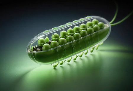 This captivating image showcases a transparent capsule filled with vibrant green pea pods. The modern design represents an innovative fusion of nature and technology, emphasizing freshness and sustainability.の素材