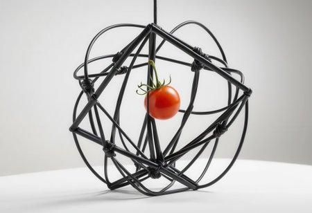 This artistic display features a black wire structure showcasing a fresh red tomato, representing a balance of creativity and nature in a minimalistic setting.の素材