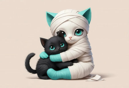 This charming illustration features a cute bandaged kitten cuddling a black cat. Their playful expressions capture a heartwarming friendship, perfect for conveying themes of comfort and love.の素材