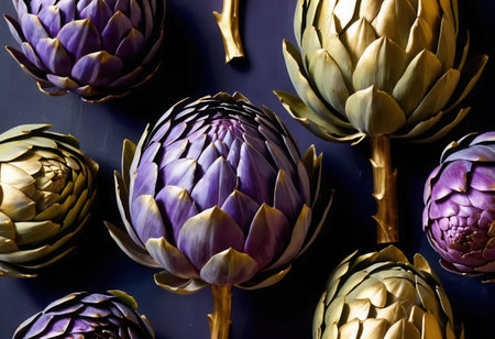 Explore a stunning arrangement of vibrant artichokes featuring rich purple and green hues. Perfect for culinary inspiration or artistic decoration.の素材