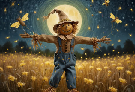 A charming scarecrow stands in a dandelion field under a glowing full moon, surrounded by dancing fireflies, evoking a magical night in nature.の素材