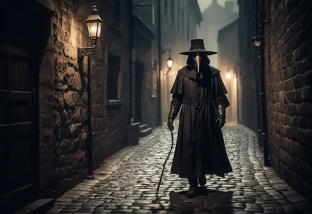 A mysterious figure dressed in dark attire walks through a haunting cobblestone alley illuminated by old lanterns in the fog, evoking an eerie atmosphere.の素材