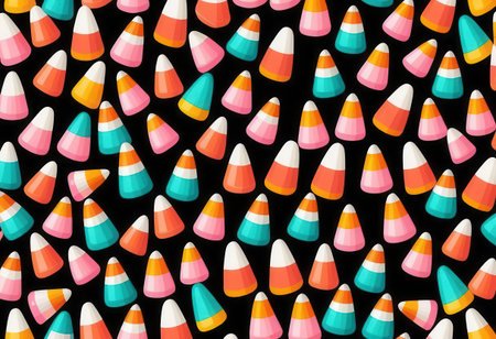 This vibrant pattern features a delightful array of colorful candy corn on a black background, perfect for seasonal decorations or event planning.の素材