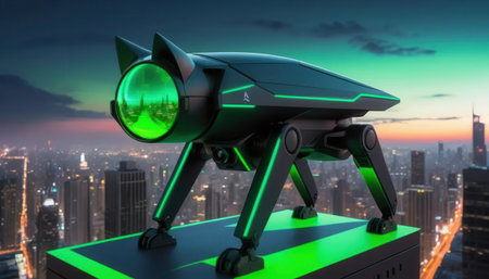 A futuristic robotic cat stands on a rooftop, glowing with neon lights against an urban skyline at dusk. This blend of technology and creativity captures a unique vision.の素材