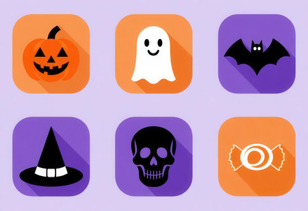 A vibrant collection of Halloween-themed icons featuring a pumpkin, ghost, bat, skull, witch hat, and candy. Ideal for festive design projects and decorations.の素材