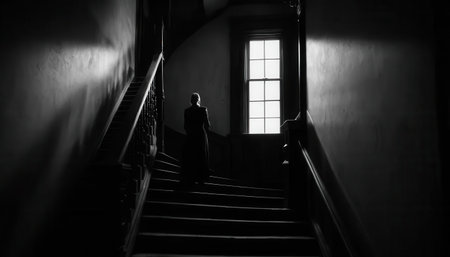 A solitary figure ascends a dark staircase, illuminated by a single window above. The stark contrast between shadow and light creates an eerie yet captivating atmosphere, evoking mystery and introspection.の素材