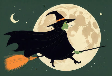 A whimsical illustration of a green-skinned witch flying on her broomstick against a full moon backdrop, capturing the enchanting spirit of Halloween magic.の素材