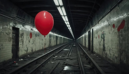 A striking image of a single red balloon floating in an abandoned subway tunnel, creating an eerie yet captivating atmosphere of isolation and mystery.の素材
