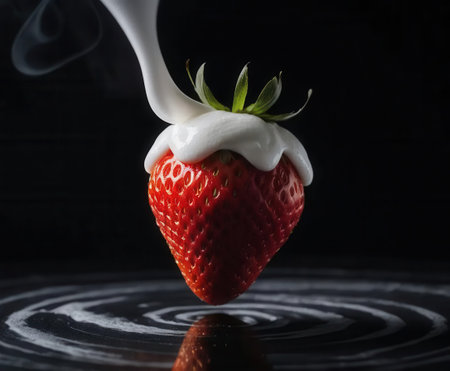 A stunning close-up of a fresh strawberry topped with a splash of whipped cream, set on a dark background, highlighting the contrast and vibrant colors for a delicious visual treat.の素材