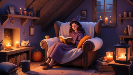 A young woman in a cozy attic enjoys a book surrounded by warm candlelight, creating a tranquil atmosphere perfect for relaxation and reflection.の素材