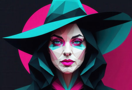 A captivating geometric portrait of a mysterious witch, featuring bold colors and striking shapes, perfect for modern art enthusiasts and fantasy lovers.の素材